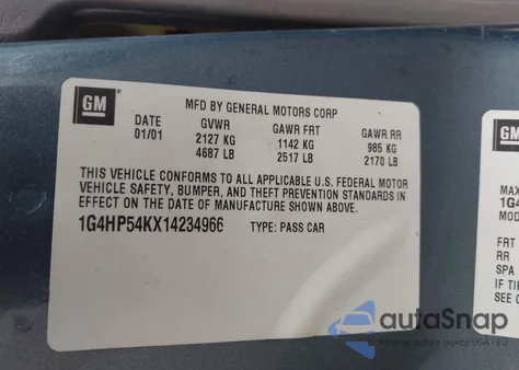 2001 Buick Lesabre Custom z USA, uszkodzony, nr VIN 1G4HP54KX14234966